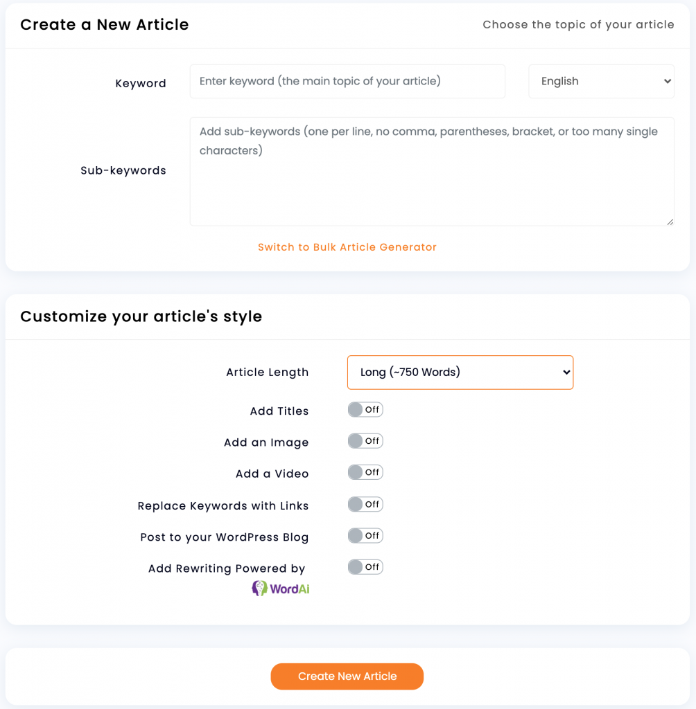 AI article writer interface